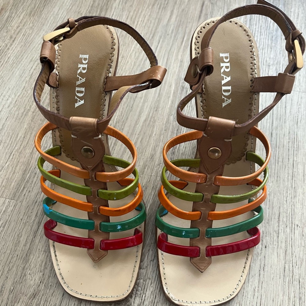 Prada Red and Orange Strappy Sandals with Gladiator Style